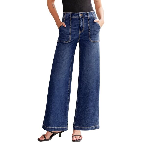 Denim - Women’s High Waist Wide Leg Jeans Cotton Polyester Elastane 10 Casual Pants